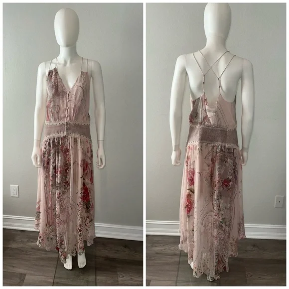 Camilla “Istenanya” pink floral silk strap flowy dress w shirred waistband L/XL?